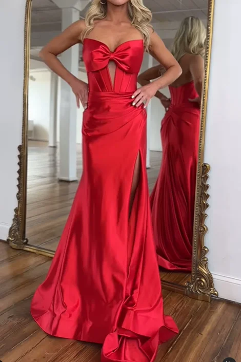 Today Only midi dressmidi dressBow Strapless Mermaid Party Prom Dress With Slit