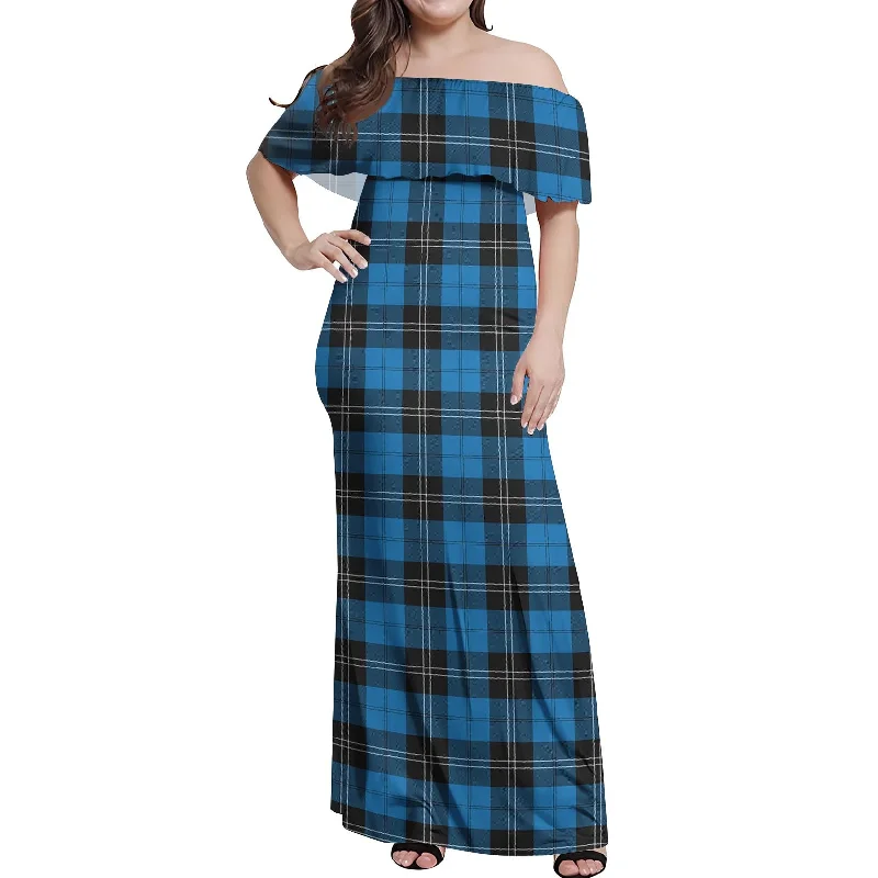 New Arrival Ramsay Blue Ancient Tartan Off Shoulder Long Dress