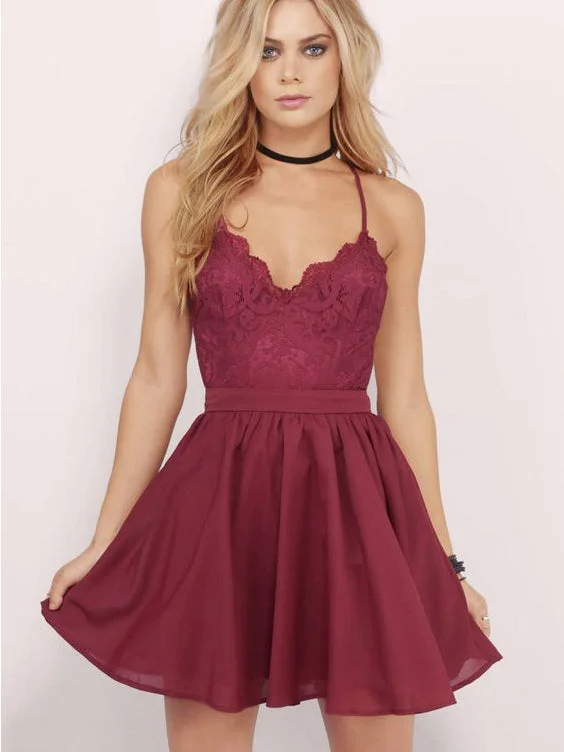 Inventory Reduction Burgundy Homecoming Dress Spaghetti Straps A-line Lace Short Prom Dress Party Dress JK479