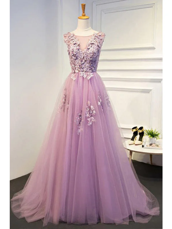 Super Sale Chic Prom Dresses A-line Scoop Short Train Lilac Prom Dress/Evening Dress JKL287