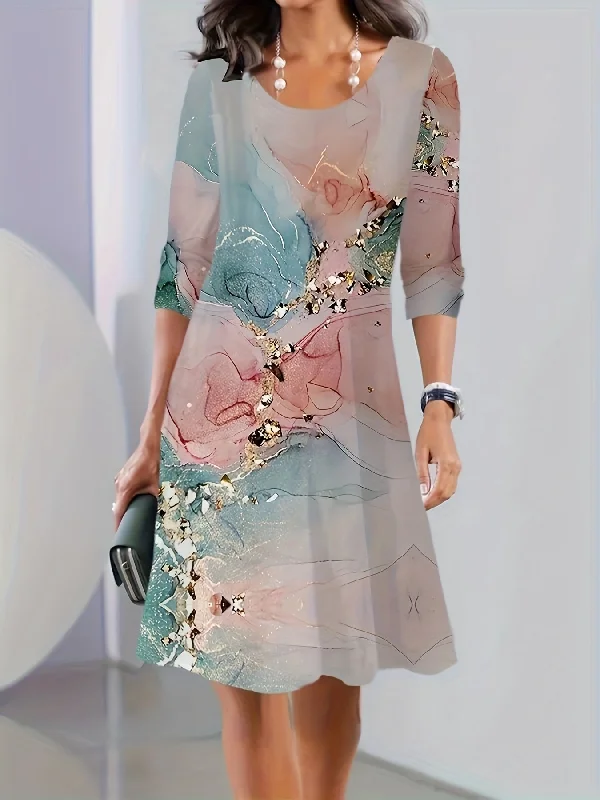 Stock Clearance Graphic Print Long Sleeve Dress, Casual Crew Neck Midi Dress