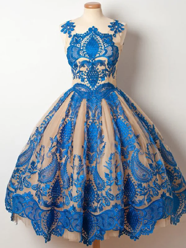 One-DAY Sale Vintage Homecoming Dress Royal Blue Appliques Tulle Short Prom Dress Party Dress JK335