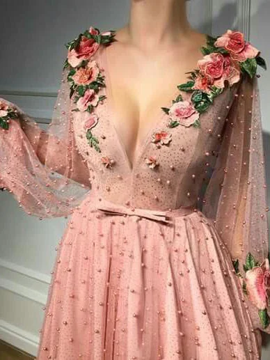 New Markdowns Long Prom Dresses V-neck A line Beading Embroidery Tulle Prom Dress JKL729