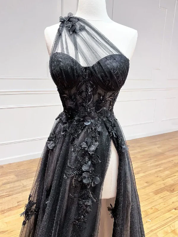 Buy More, Save More boho dressboho dressBlack Tulle One Shoulder Long Prom Dress with Leg Slit, Black Evening Gown Y1146 Buy More, Save More boho dressboho dressBlack Tulle One Shoulder Long Prom Dress with Leg Slit, Black Evening Gown Y1146