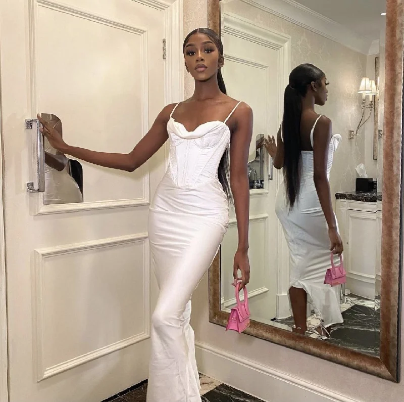Clearance Sale sleeveless dresssleeveless dressElegant White Spaghetti Straps Sheath Prom Dress For Black Girls Y5076