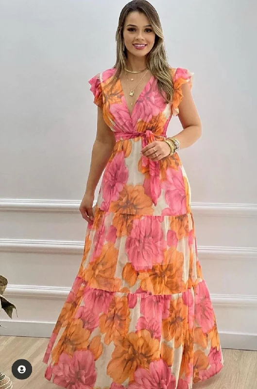 Limited Availability winter dresswinter dressWomen's Elegant Deep V Neck Cap Sleeves Floral Print Prom Dress,Summer Beach Dress Y5088