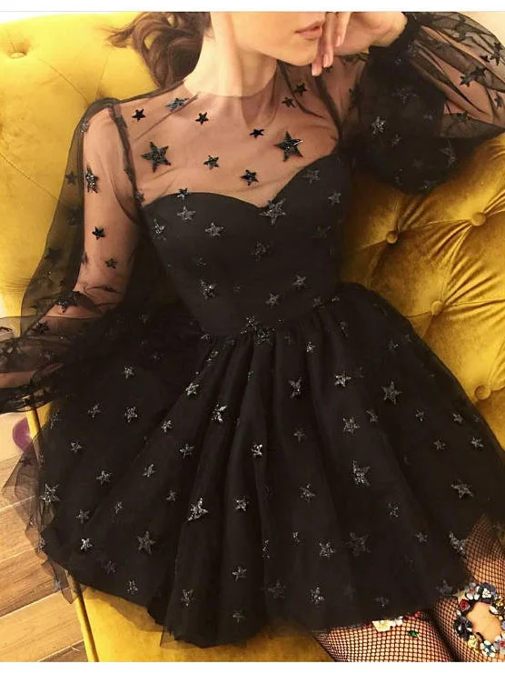 Blowout Deals Long Sleeve Homecoming Dresses Stars Lace Short Black Prom Dress Party Dress JK569