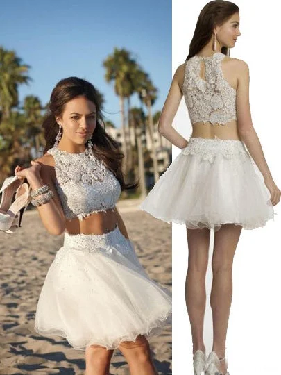 Warehouse Sale Two Piece Sexy Homecoming Dress Ivory Lace Short Prom Dress Party Dress JK447