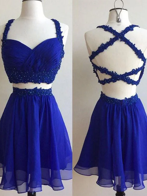 YEAR-End Clearance Two Piece Homecoming Dress Sexy Royal Blue Chiffon Short Prom Dress Party Dress JK376