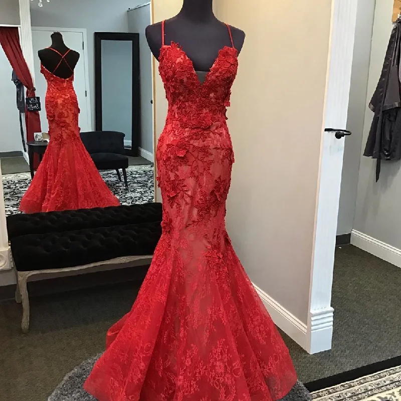 Big Discounts lace-up dresslace-up dressRed Handmade Lace Appliques Evening Dress,Mermaid/Trumpet V Neck Red Formal Gown Y1402