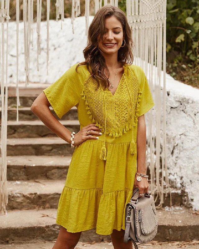 Don't Miss mini dressmini dressLace stitching solid color V-neck dress