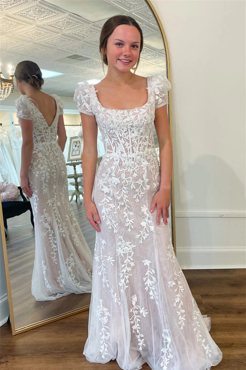 Take Advantage off-the-shoulder dressoff-the-shoulder dressSquare Short Sleeveless Lace Appliques Trumpet Prom Dress