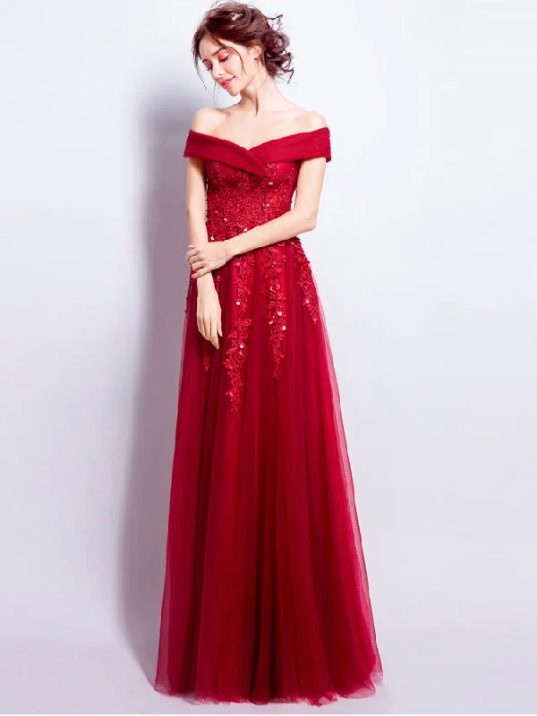 Don't Wait Burgundy Prom Dresses Off-the-shoulder Floor-length Tulle Prom Dress/Evening Dress JKL196