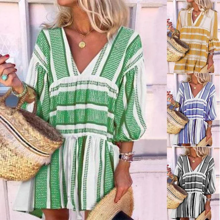 Exclusive Preview boho dressboho dressStriped print V-neck three-quarter sleeve dress