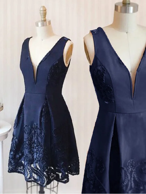 Deal Zone Dark Navy Homecoming Dress Straps Satin V-neck Short Prom Dress Party Dress JKS073