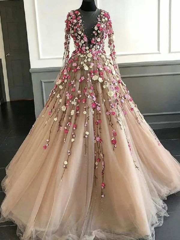 Exclusive Online Offer Long Sleeve Prom Dresses A Line Hand-Made Flower Floor-Length Long Beautiful Prom Dress JKL1494