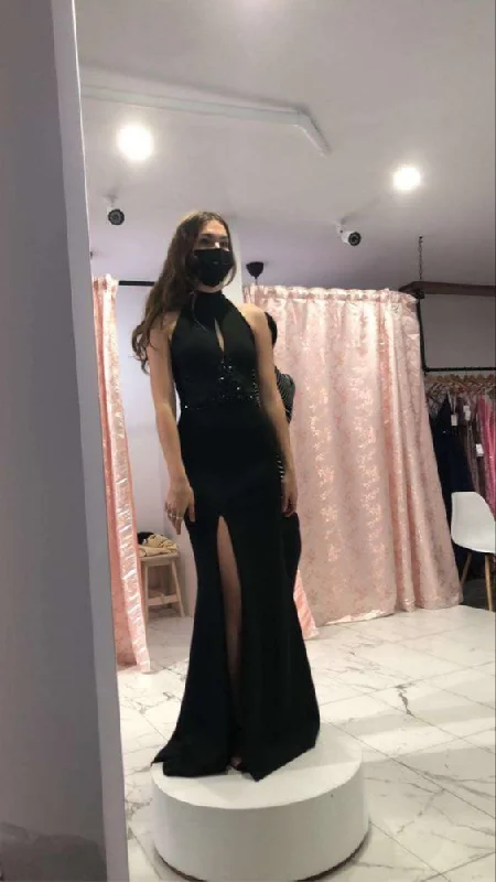 Price Slash chic dresschic dressBlack Halter Neckline Long Prom Dress Elegant Evening Dress Side Split Y416