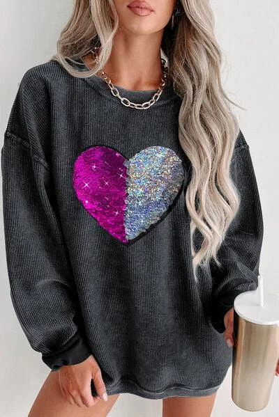 Fantastic Deals performance workout sweatshirtHeart Sequin Round Neck Sweatshirt