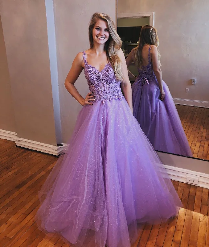 Price Fest Chic Lavender Tulle Appliques Beaded A-Line Long Prom Dress JKS8427