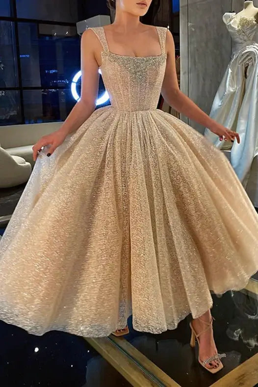 Lowest Price satin dresssatin dressSparkly Tulle A-Line Square Sleeveless Beaded Prom Dress
