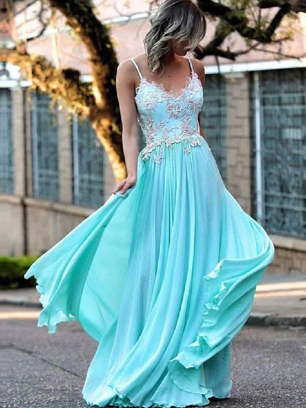 Savings Alert Sexy Prom Dresses Spaghetti Straps Appliques Long Prom Dress Chiffon JKL469