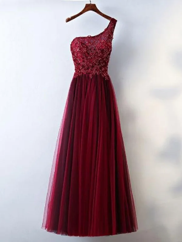 Final Sale Burgundy Prom Dresses A-line One Shoulder Appliques Lace-up Long Prom Dress JKL546