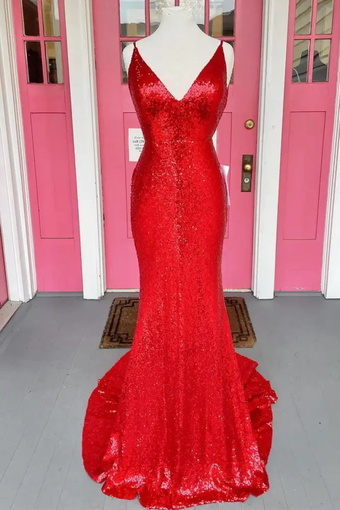 Weekend Special romantic dressromantic dressFully Sequins V-Neck Open Back Mermaid Prom Dress