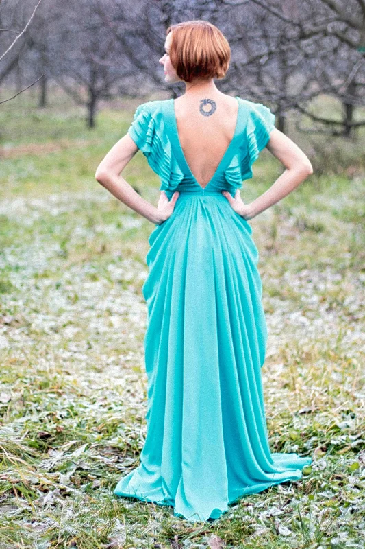 Price Smash A-line Deep V-neck Floor Length Chiffon Backless Prom Dress