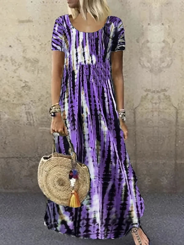 Anniversary Sale Tie Dye Striped Dress, Casual Crew Neck Short Sleeve Ankle Dress