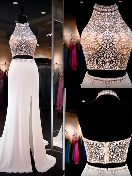 Savings Alert Two Piece Prom Dresses Sheath Rhinestone Halter Slit Prom Dress Sexy Evening Dress JKL1090