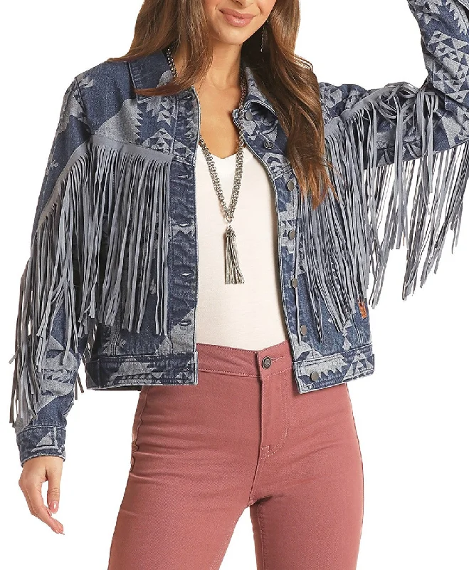 Price Drop Alert fitted coatTONAL AZTEC PRINT FRINGE DENIM JACKET ROCK & ROLL DENIM