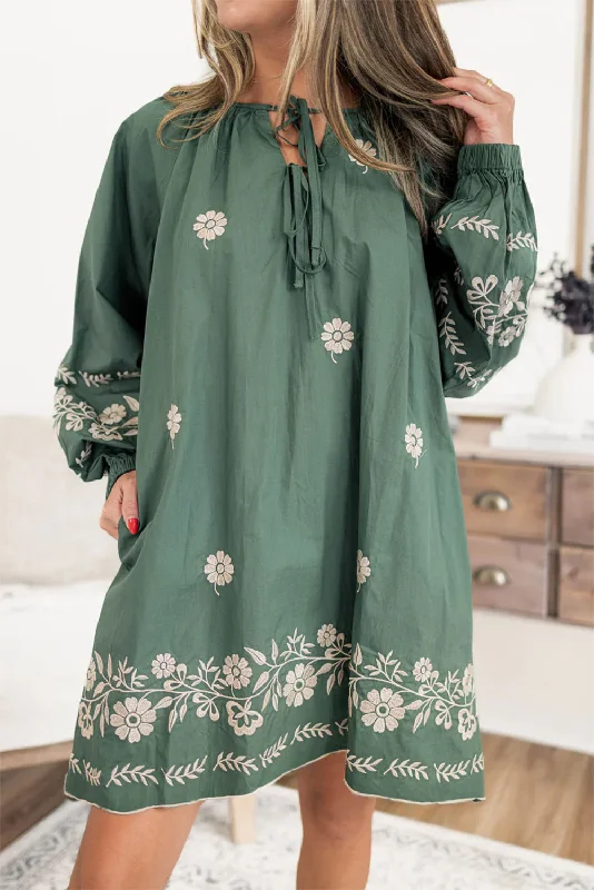 Extra Savings Mist Green Tie Neck Boho Floral Pattern Puff Sleeve Shift Dress