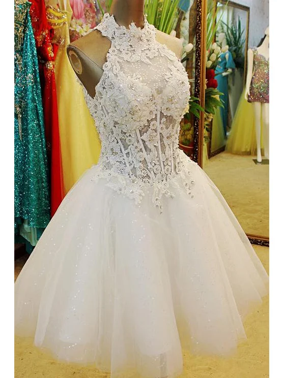 Price Blitz Chic Sexy Homecoming Dress Halter Tulle Ivory Short Prom Dress Party Dress JK448