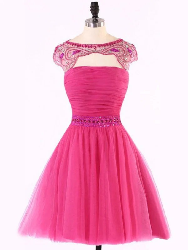 Savings Event Chic Sexy Homecoming Dress Fuchsia Rhinestone Tulle Short Prom Dress Party Dress JK352