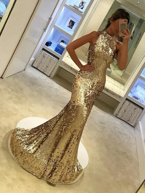 Today's Special Sparkly Prom Dresses Mermaid Sequins Long Gold Prom Dress Sexy Silver Evening Dress JKL1169