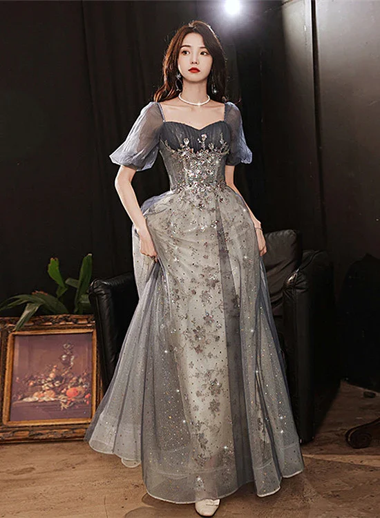 Weekend Deal form-fitting dressform-fitting dressElegant A-Line Grey Tulle Short Sleeves Long Party Dress, Grey Evening Dress Y1507