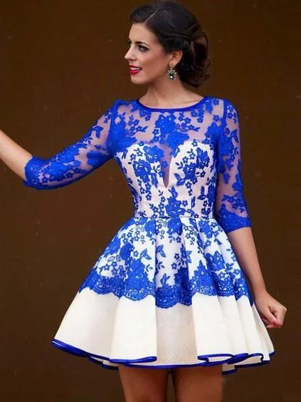 Blowout Deals Royal Blue Homecoming Dress Scoop A-line Lace Short Prom Dress Party Dress JK475