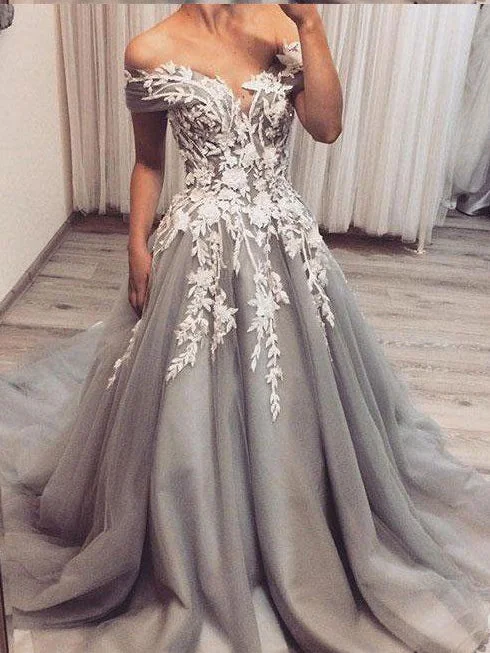 Super Deal Grey Prom Dresses Off-the-shoulder Aline Appliques Fashion Prom Dress Chic Evening Dress JKL1514