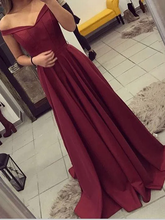 Bargain Prices Burgundy Prom Dresses A-line Off-the-shoulder Sexy Long Prom Dress/Evening Dress JKL306