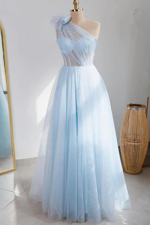 Midnight Madness shift dressshift dressTulle A-Line One Shoulder Sleeveless Sheer Long Prom Dress