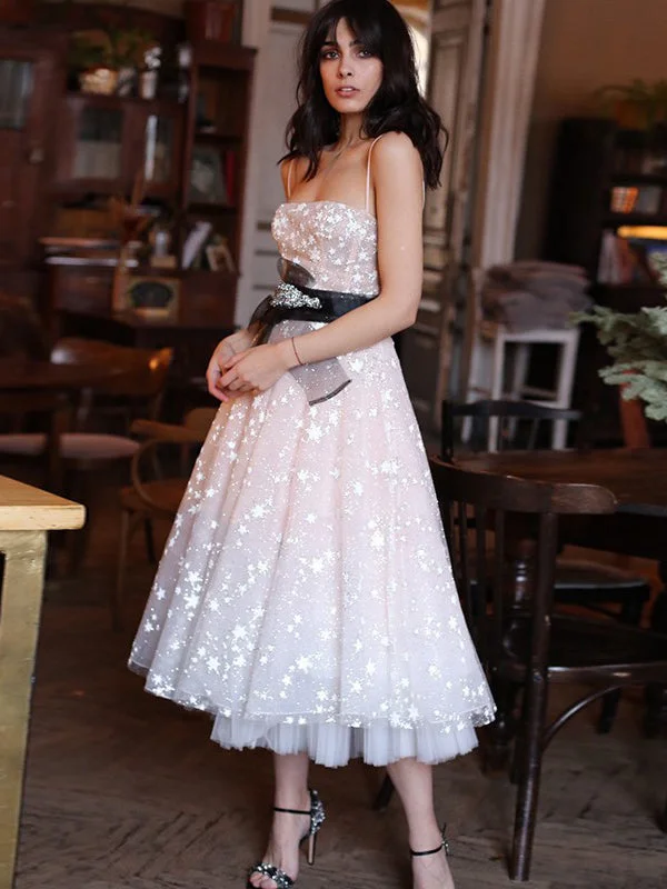 Weekend Deal Sparkly Prom Dresses with Straps Star Lace Tea-length Prom Dress Fashion Evening Dress JKL1614