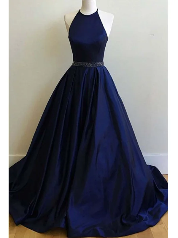 Price Buster Satin Prom Dresses Halter Dark Navy Ball Gown Long Prom Dress/Evening Dress JKL191