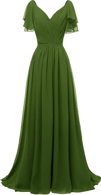 Limited Time Offer romantic dressromantic dressRuffle Sleeves Bridesmaid Dress V-Neck Chiffon Long Formal Wedding Evening Dress Y1315