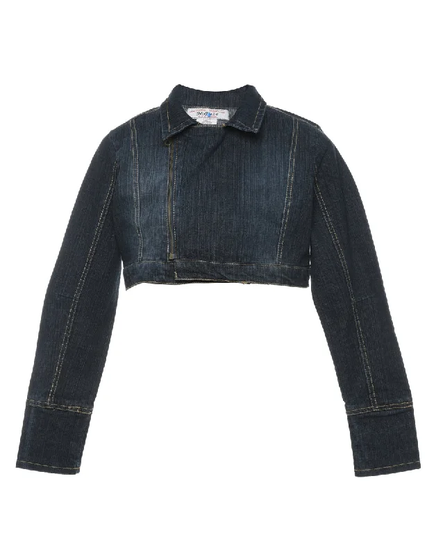 Super Deal cozy winter coatDark Wash Cropped Y2K Denim Jacket - M