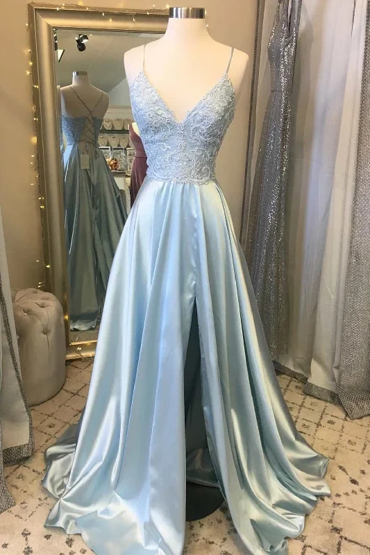 Mega Sale long sleeve dresslong sleeve dressLight Blue Lace Lace-Up Back A-Line Prom Dress with Slit Y4655 Mega Sale long sleeve dresslong sleeve dressLight Blue Lace Lace-Up Back A-Line Prom Dress with Slit Y4655