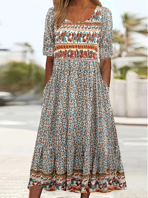 Unbeatable Prices Floral Print Crew Neck Dress, Casual Short Sleeve Dress