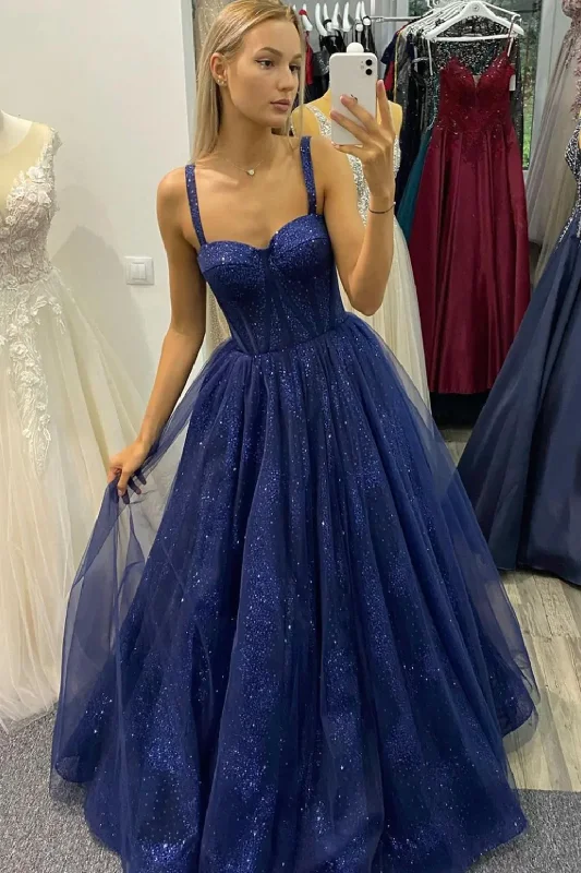 Final Markdown textured dresstextured dressBlue Tulle Floor Length Prom Dress, A-Line Blue Evening Dress Y1392