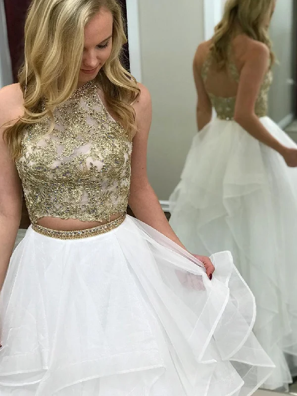 Act Fast Two Piece Prom Dresses Scoop A-line White and Gold Long Organza Prom Dress JKL1152