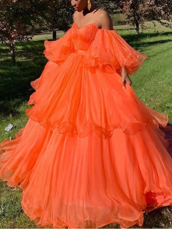 Must-Have Deals Long Sleeve Prom Dresses Ball Gown Sweetheart Orange Tulle Long Prom Dress JKL1700