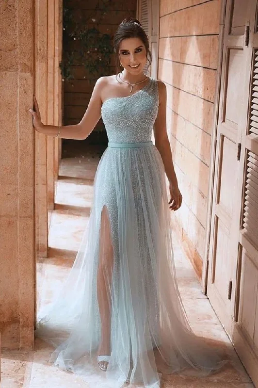 Savings Galore Sexy Sequins & Tulle Sleeveless One Shoulder Prom Dresses With Side Slit Sparkly GJS743